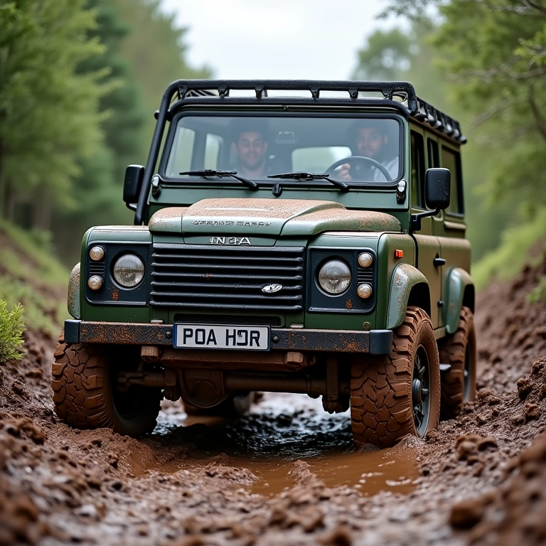4x4 atolado na lama, motorista avaliando a situação.