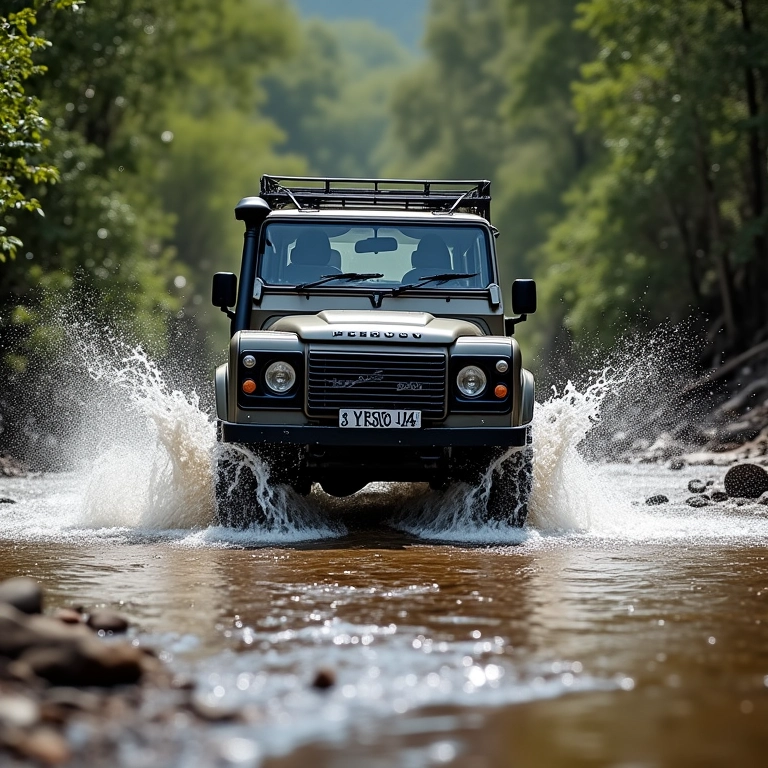 4x4 cruzando rio raso na trilha das Sete Quedas, Chapada.
