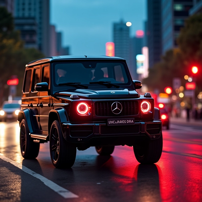 4x4 dirigindo em rua vibrante do Rio com DRLs acesos.