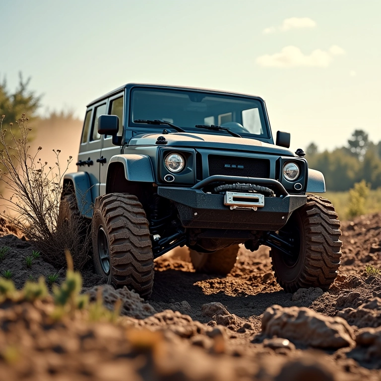4x4 utilizando a inércia para vencer obstáculo na lama.