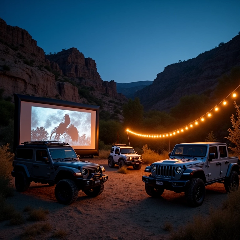 Acampamento com cinema ao ar livre e veículos 4x4 estacionados ao redor.