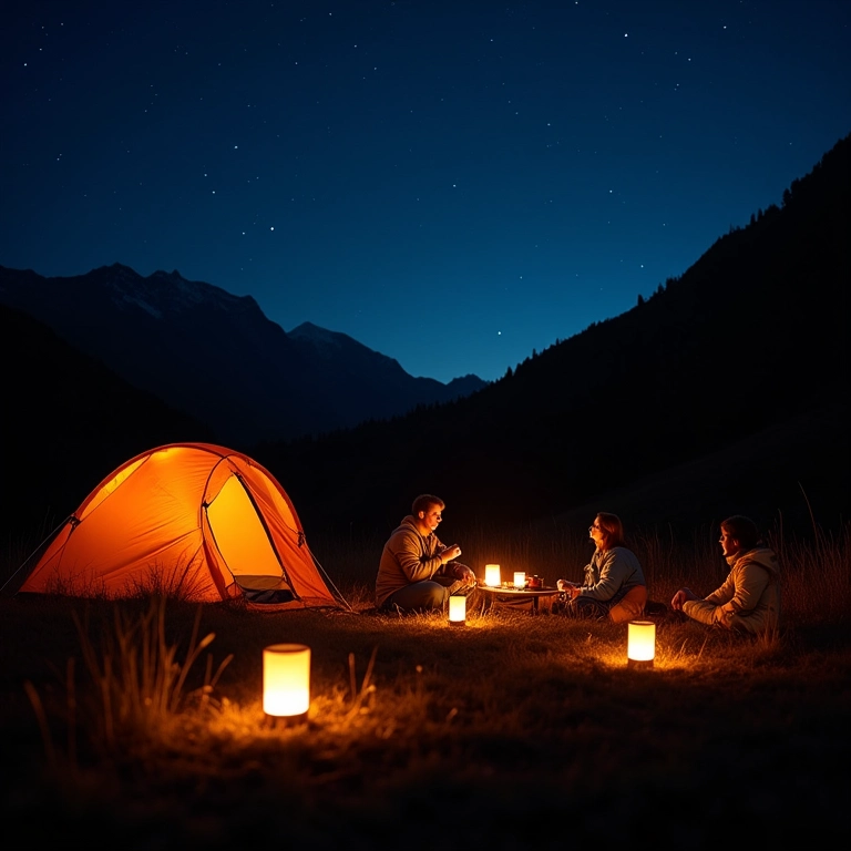 Acampamento iluminado por lampiões de LED ao entardecer.
