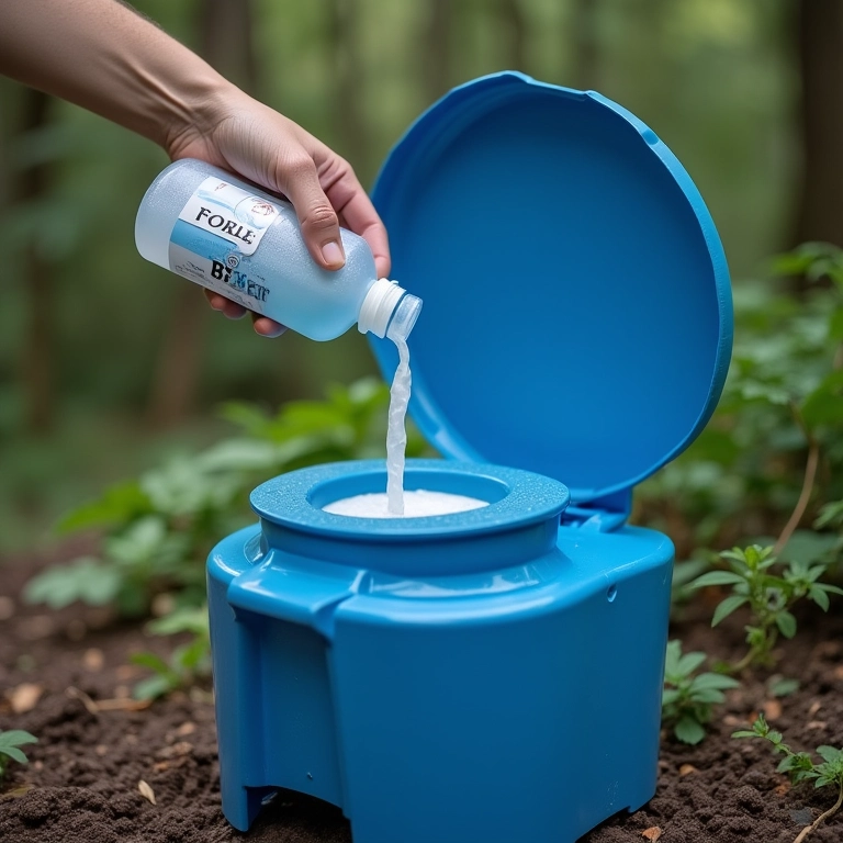 Adicionando aditivo sanitário azul em banheiro portátil de camping.