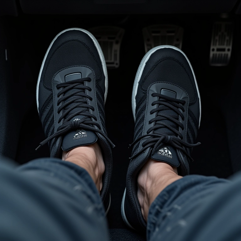 Adidas Grand Court nos pedais do carro, foco na aderência.