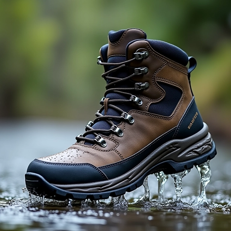 Água espirrando em uma bota de trilha impermeável.