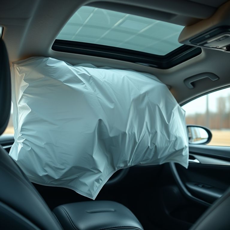 Airbag sendo acionado em um carro após uma colisão, demonstrando sua função de segurança.