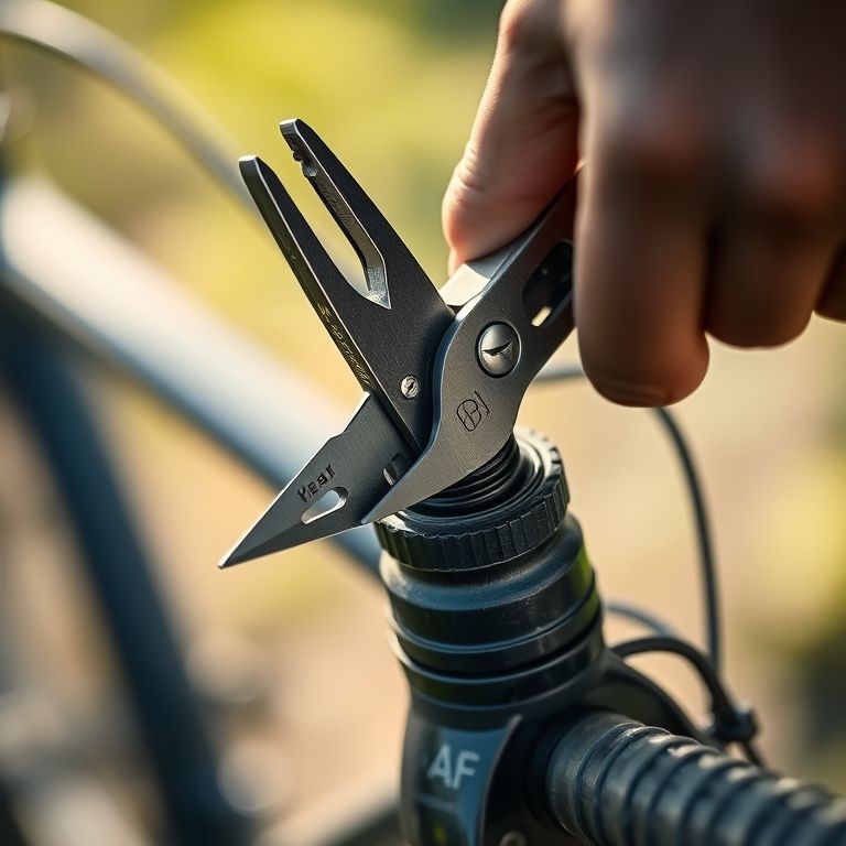 Alicate de canivete multifuncional apertando parafuso de bicicleta.