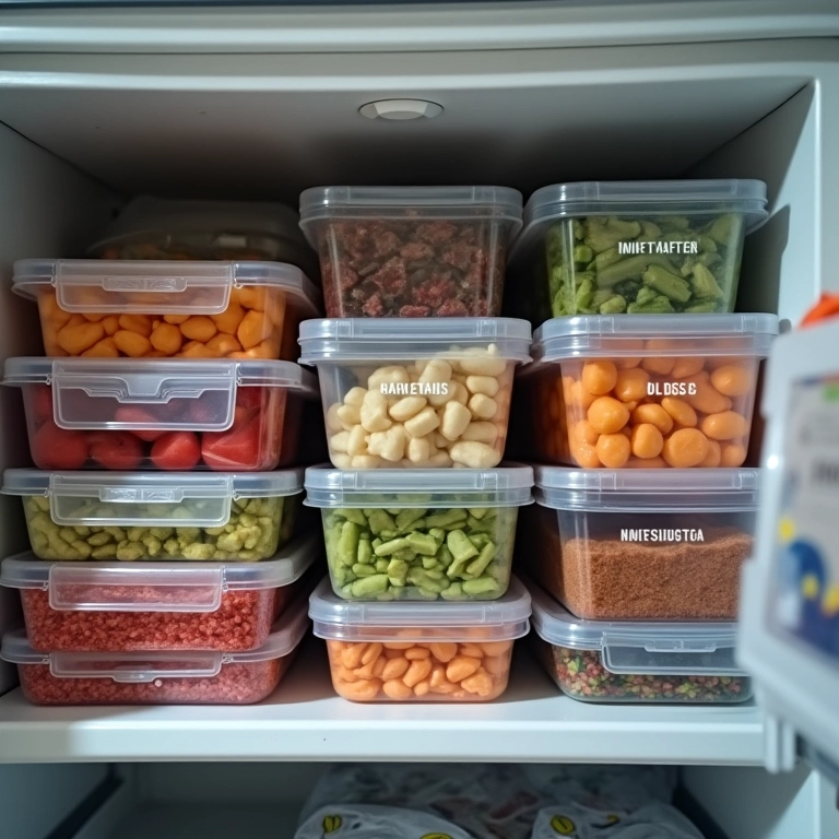 Alimentos embalados em recipientes herméticos e bolsas térmicas, organizados dentro de uma geladeira de 4x4.