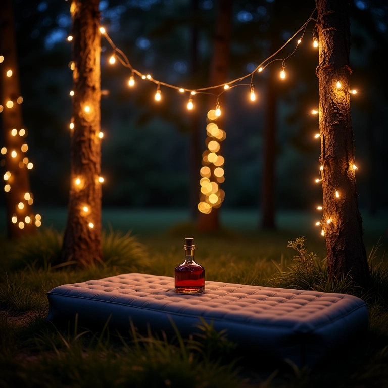 Ambiente de camping noturno com luzes e whisky.