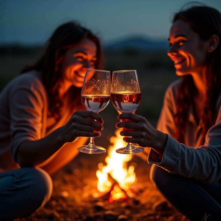 Amigas brindando com vinho ao lado de fogueira, Jalapão.