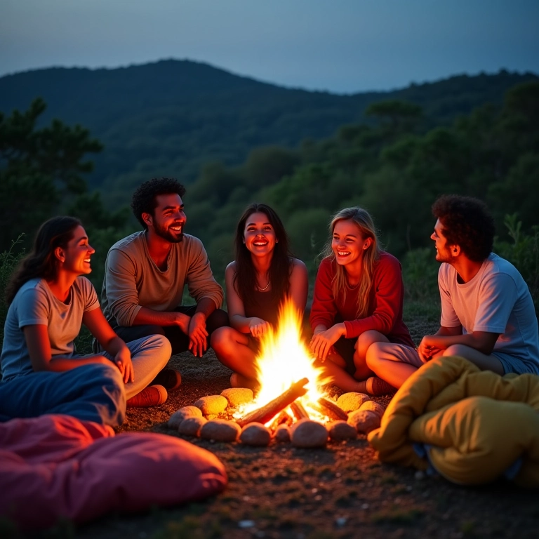 Amigos acampando no Brasil, usando sacos de dormir diversos.