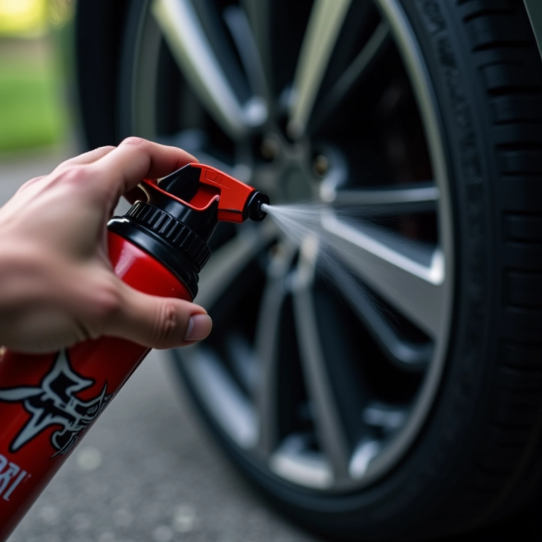 Aplicação de spray reparador Vipal em pneu.