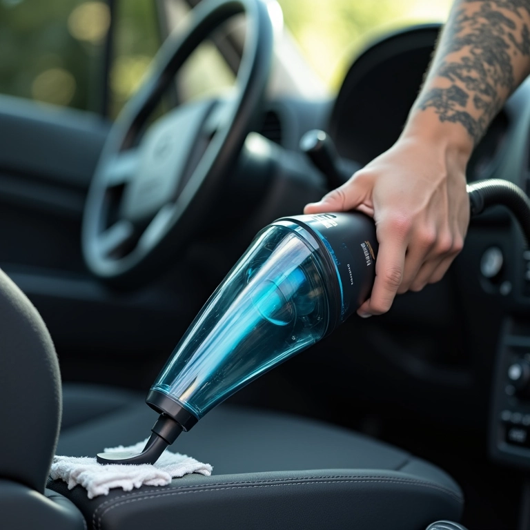 Aspirador de pó automotivo sem fio com indicador de bateria baixa.