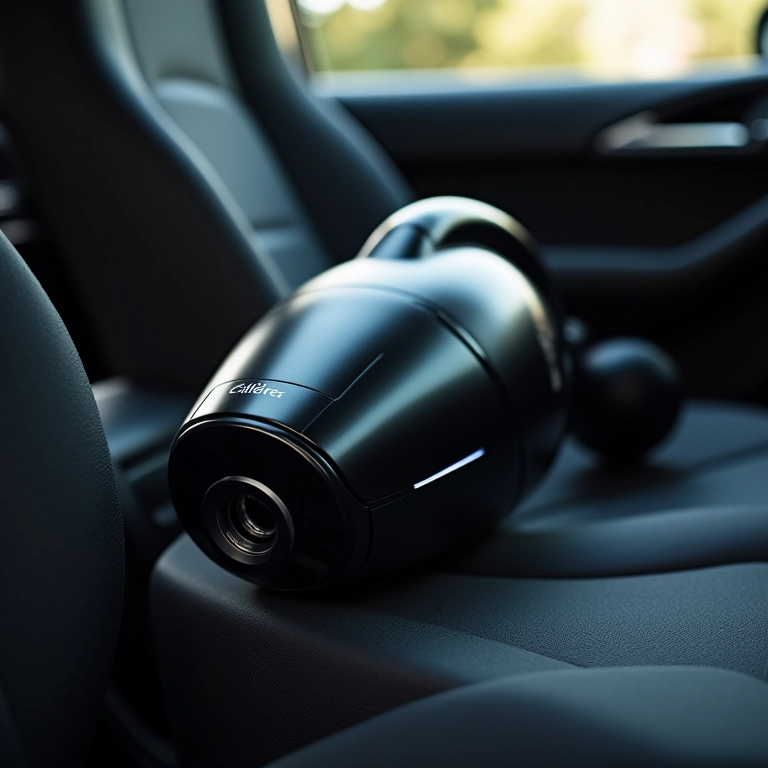 Aspirador de pó automotivo sem fio em um banco de carro limpo.