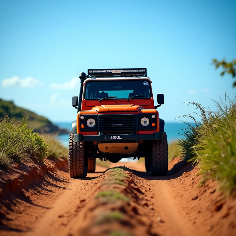 Aventura 4x4 em Abrolhos, Bahia, com veículo off-road em trilha costeira exuberante.