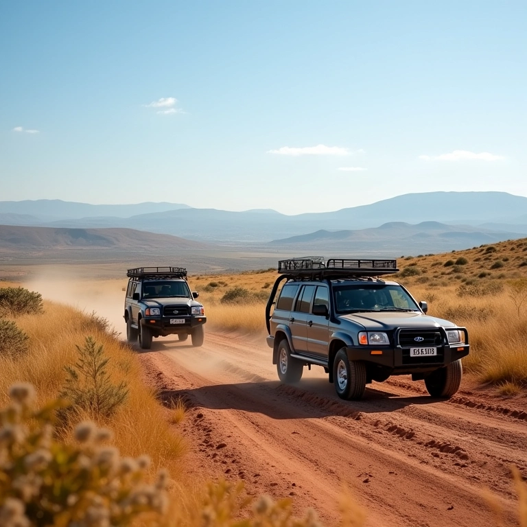 Aventura 4x4 no Uruguai: carros atravessando paisagem natural.