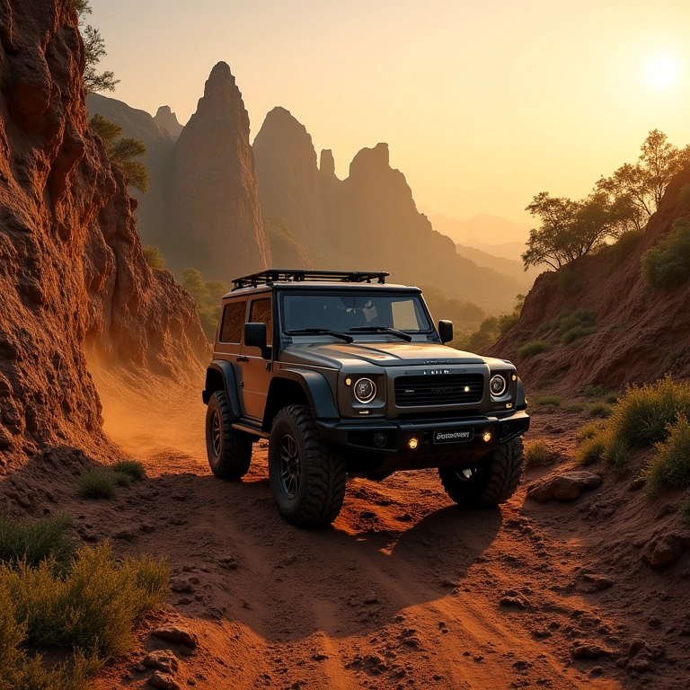 Aventura de carro 4x4 no Parque de Vila Velha, com formações rochosas e luz dourada.