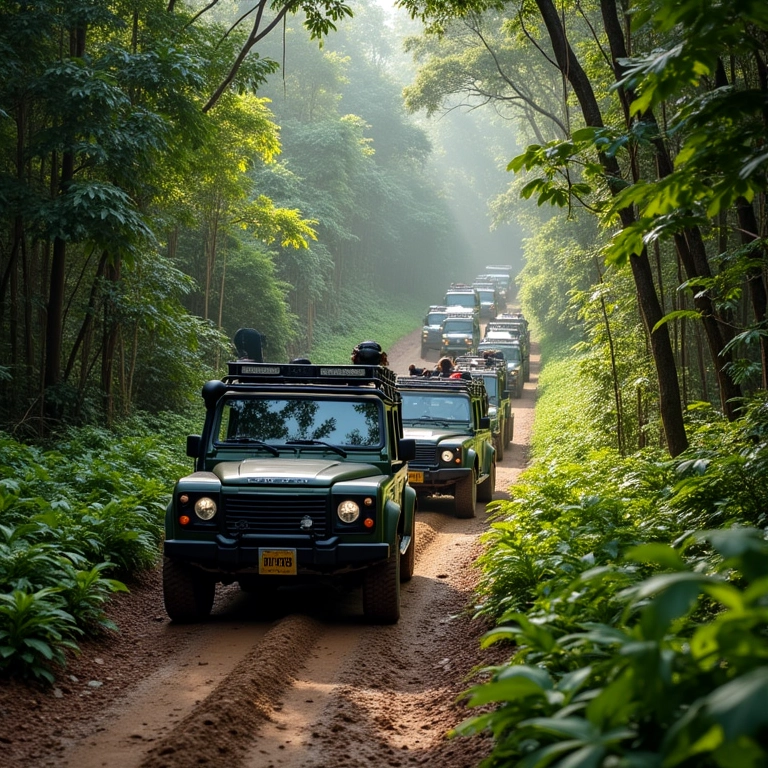 Aventura off road no Rio de Janeiro: comboio de 4x4s em trilha exuberante.