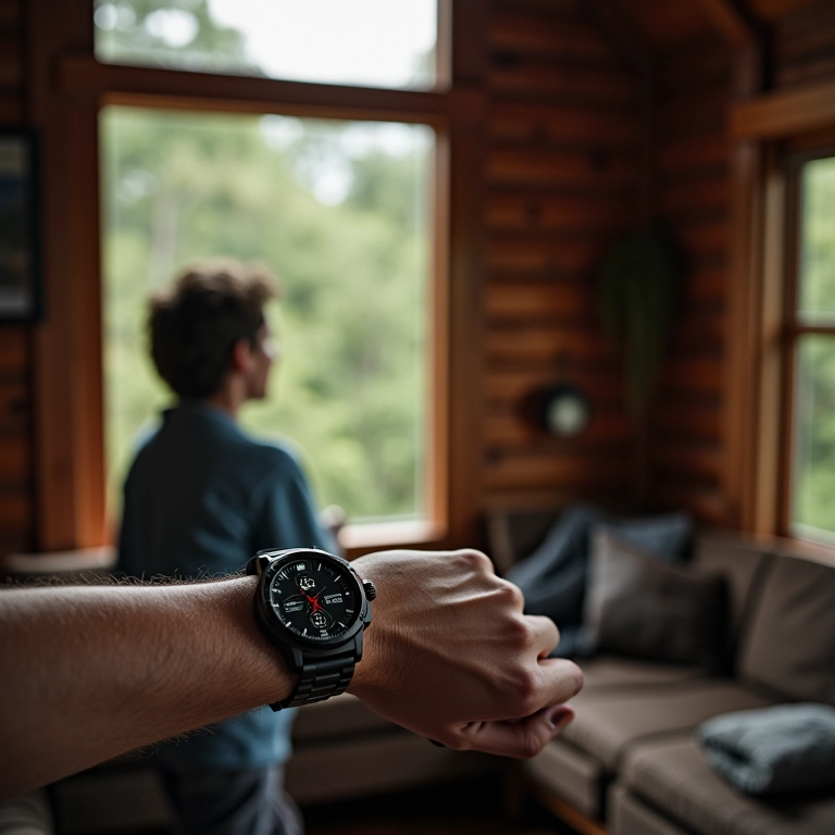 Aventureiro moderno usando Suunto Traverse Alpha em cabana na montanha.