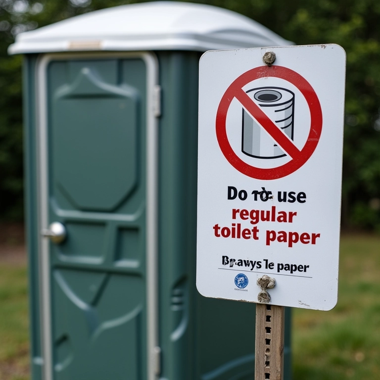 Aviso sobre uso de papel higiênico especial em banheiro portátil.
