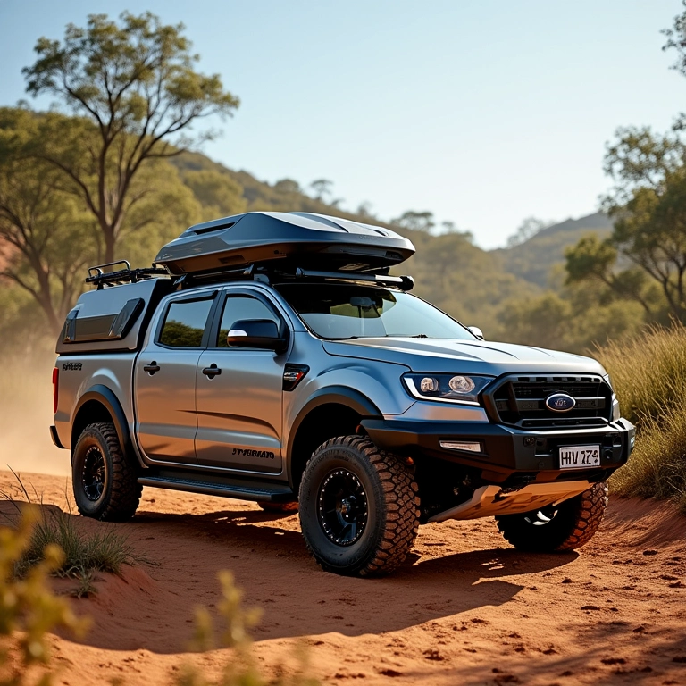 Bagageiro de Teto Eqmax Triton em uma caminhonete em camping.