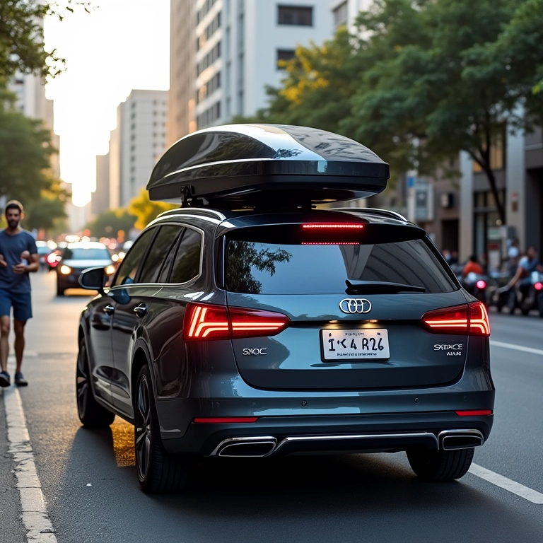 Bagageiro de Teto Long Life Space em um sedã na rua.
