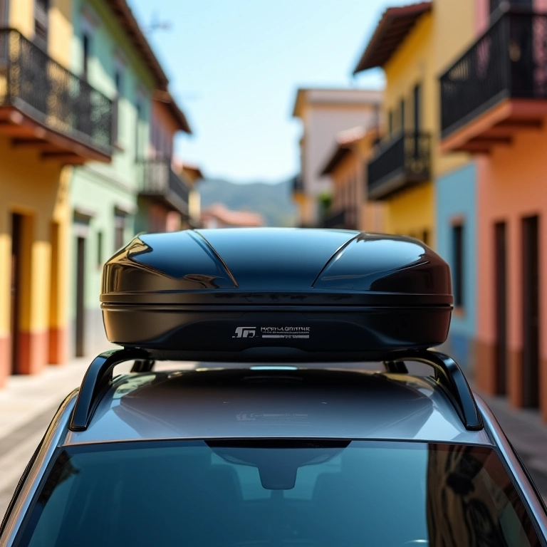 Bagageiro de Teto Modula Case System Travel em um carro em cidade colonial.