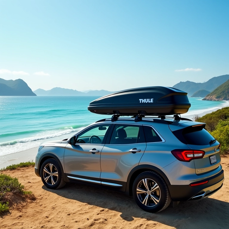 Bagageiro de Teto Thule Force XT em um carro perto de uma praia.