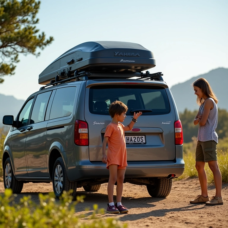 Bagageiro de Teto Yakima SkyBox em uma minivan familiar.