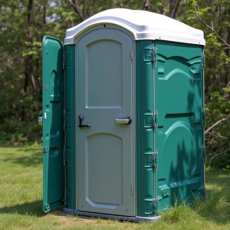 Banheiro portátil de camping aberto para ventilação.