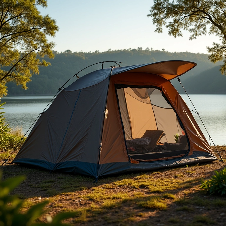 Barraca Coleman Sundome 6 pessoas com varanda montada em camping à beira de lago.