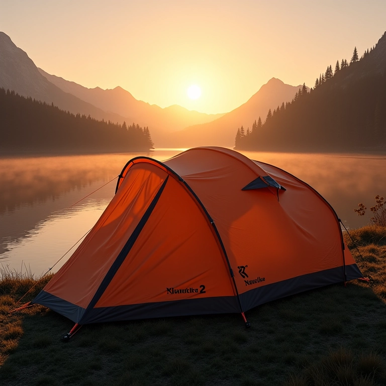 Barraca Nautika Falcon 2 montada à beira de um lago calmo.