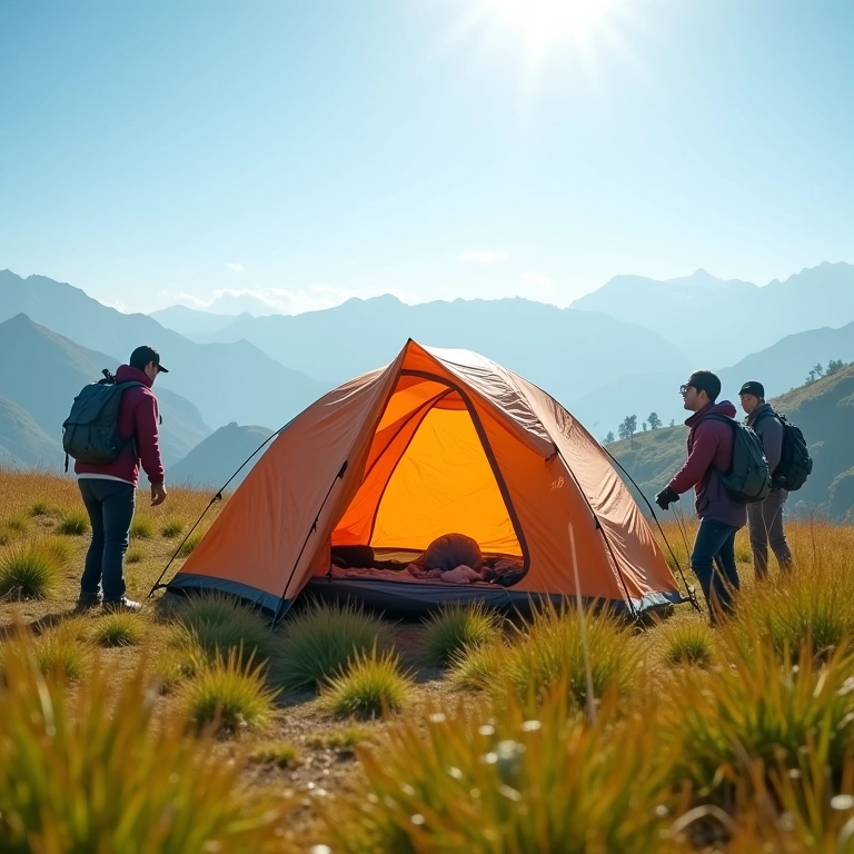 Barraca Quechua Arpenaz 2 montada em campo ensolarado.