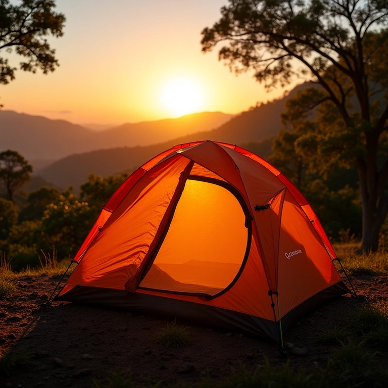 Barraca Quechua Arpenaz 5.2 montada em camping brasileiro ao pôr do sol.
