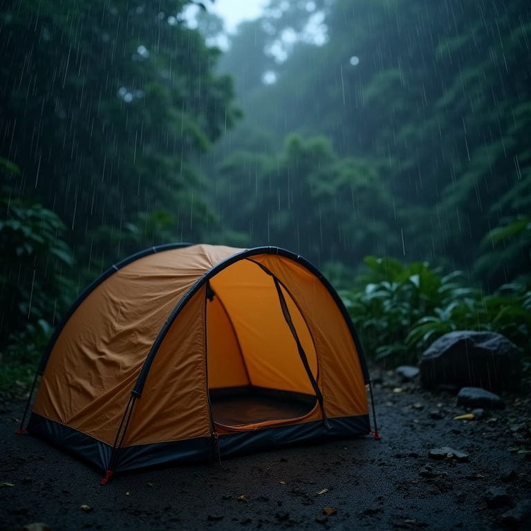 Barraca resistente sob chuva forte, Parque Nacional da Tijuca.