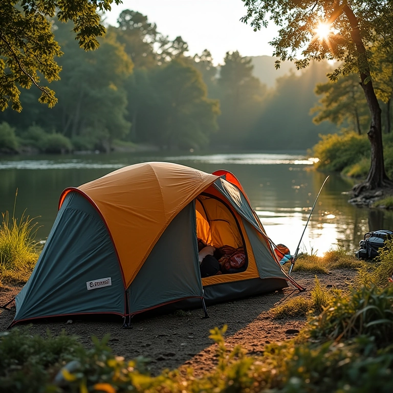 Barraca Trilhas & Rumos Bali 2 em camping compacto à beira de rio.