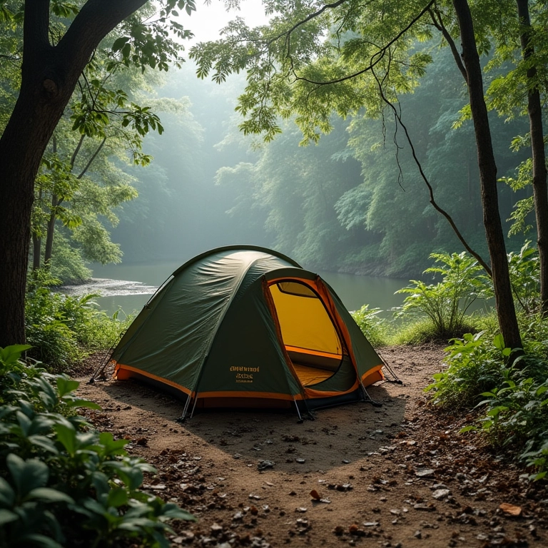 Barraca Wenzel Kodiak 9 pessoas montada em camping próximo a rio na Amazônia.