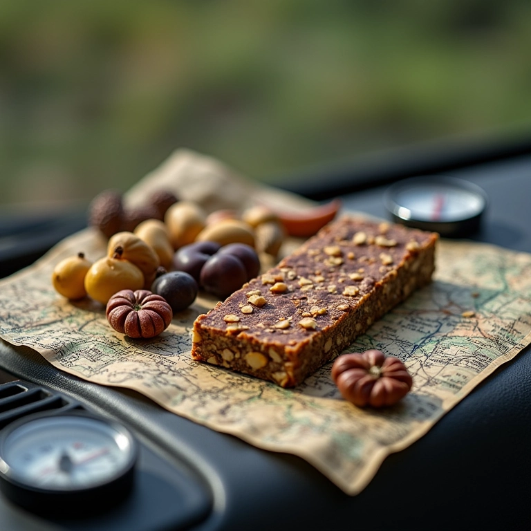 Barras energéticas, nozes e frutas secas ao lado de um mapa e bússola no painel de um 4x4.