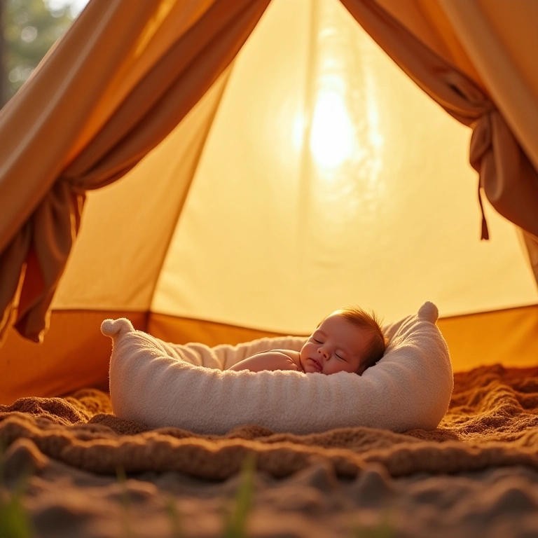 Berço aconchegante para bebê dentro de uma barraca de camping espaçosa.