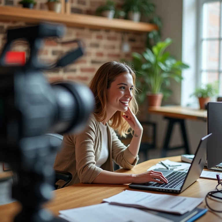 Blogger em um escritório vibrante com configuração profissional.