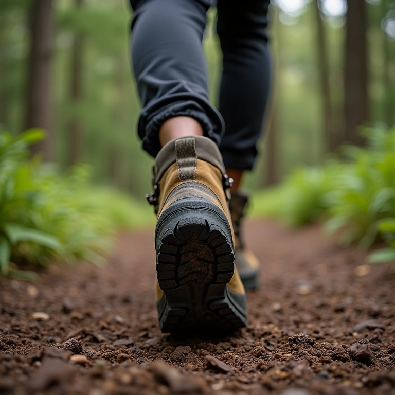 Bota de trekking de cano médio em caminho de floresta, equilibrando suporte e flexibilidade.