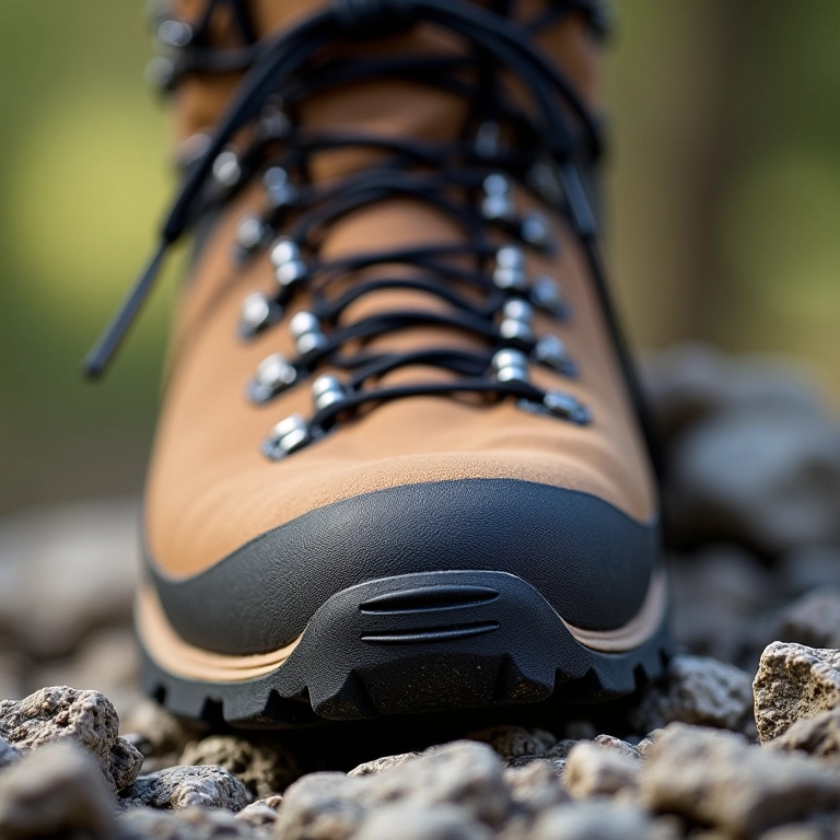 Bota de trilha com biqueira reforçada protegendo contra pedras.