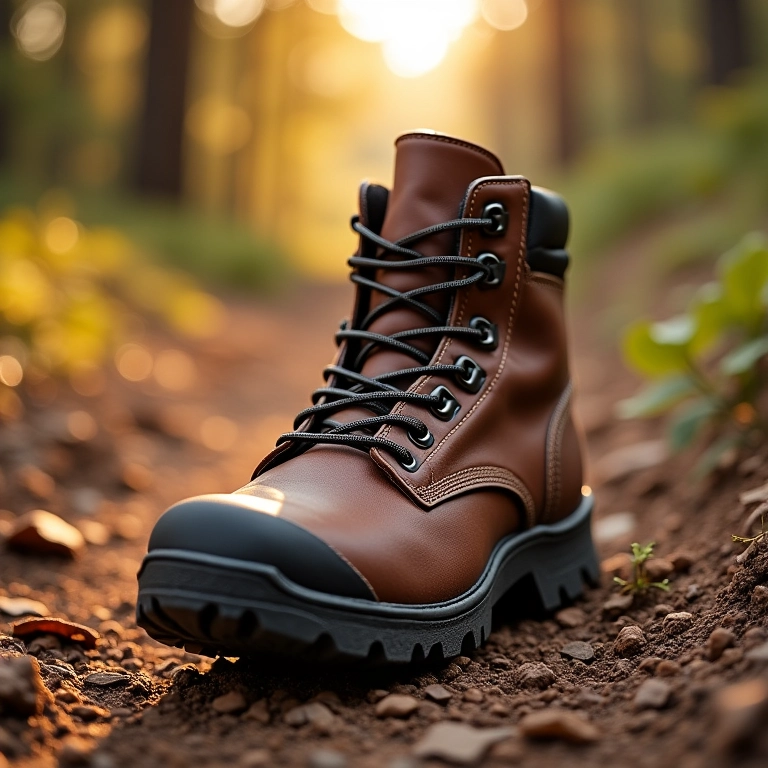 Bota de trilha de couro usada em uma trilha de terra.