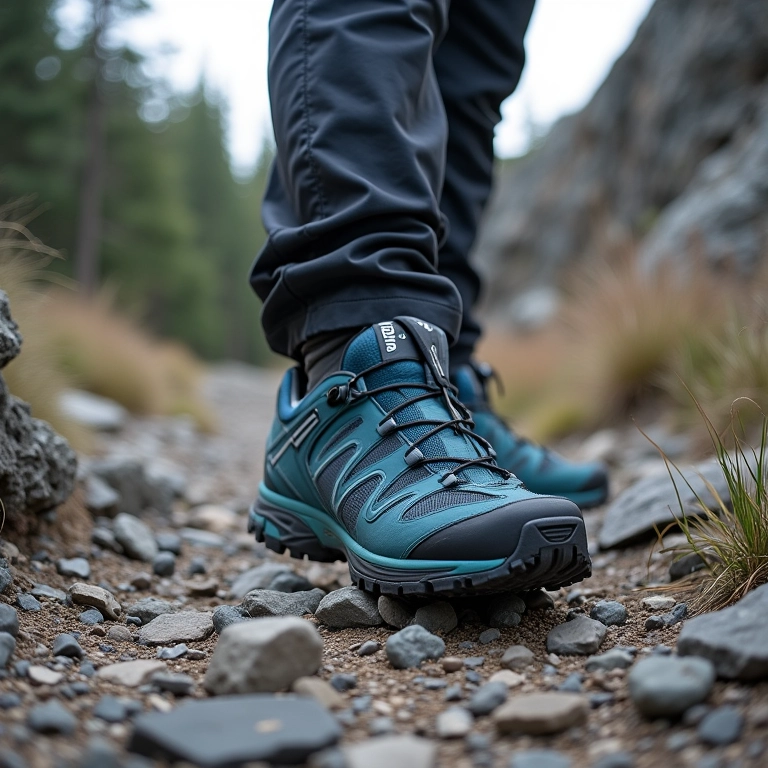 Bota Salomon Quest 4 GTX em terreno acidentado.