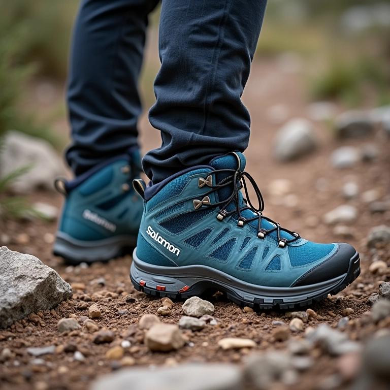 Bota Salomon X Ultra 4 Mid GTX em trilha rochosa.