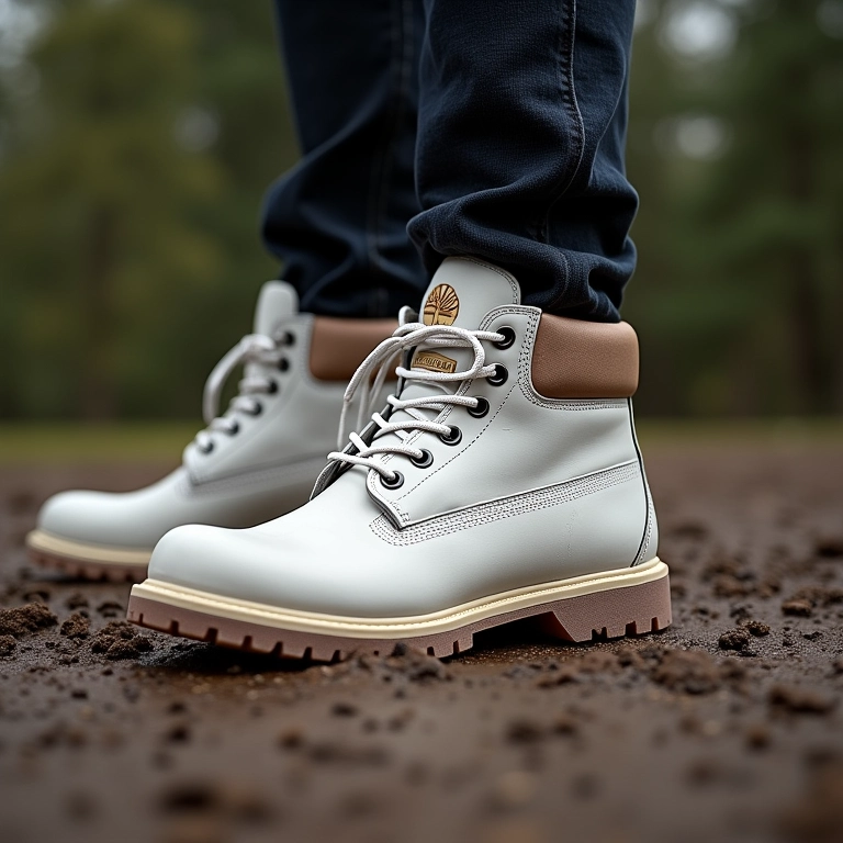 Bota Timberland White Ledge Mid Waterproof em ambiente lamacento.