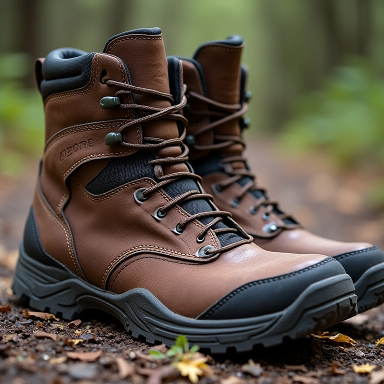 Botas de trilha bem usadas após anos de uso.
