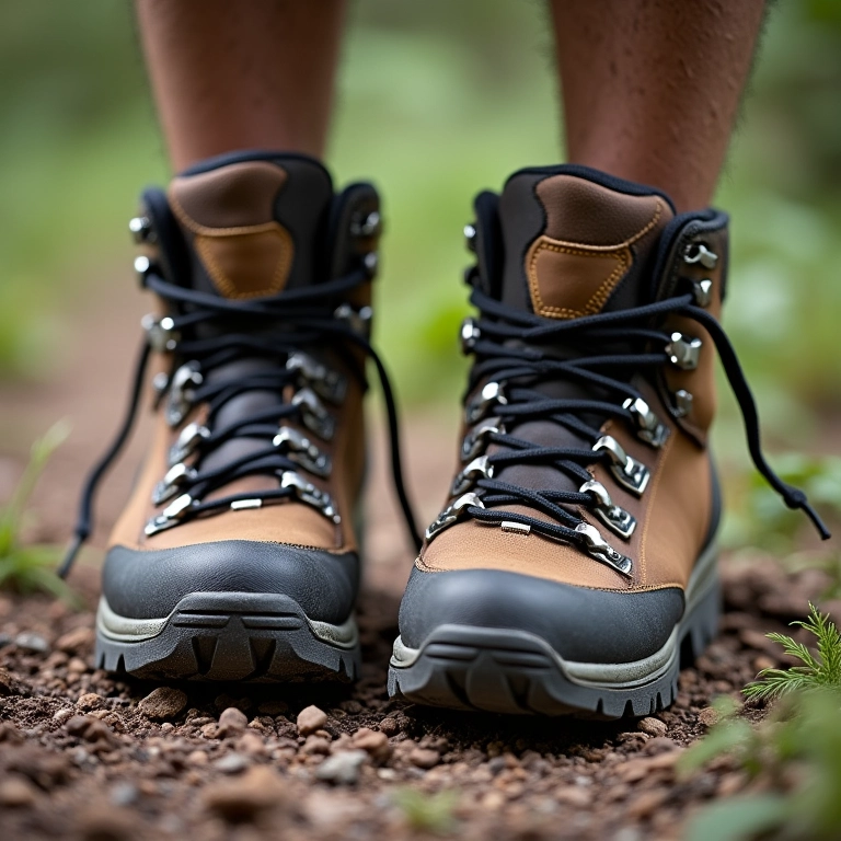 Botas de trilha duráveis mostrando sinais de uso após várias trilhas.