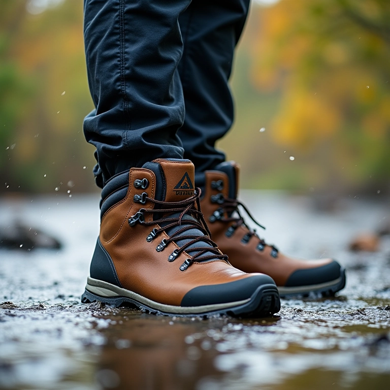 Botas de trilha impermeáveis em uma poça d'água.