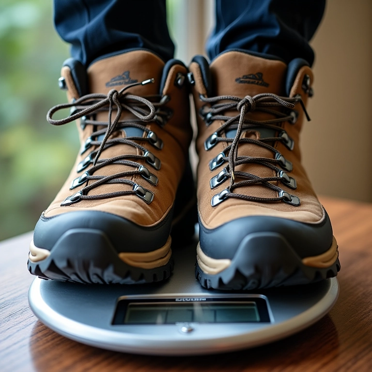 Botas de trilha leves sendo pesadas em uma balança.